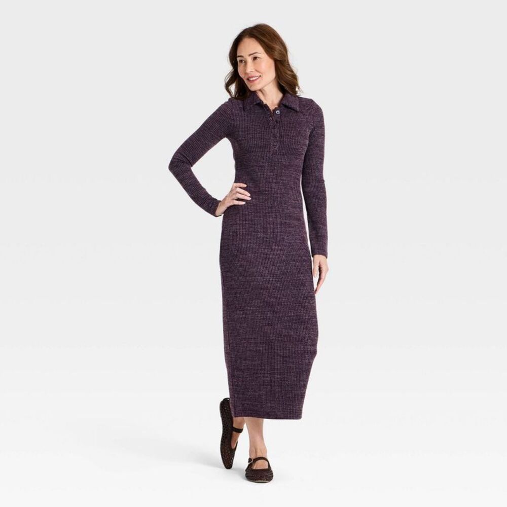 Women's Long Sleeve Midi Polo Dress - Universal Thread Purple XS